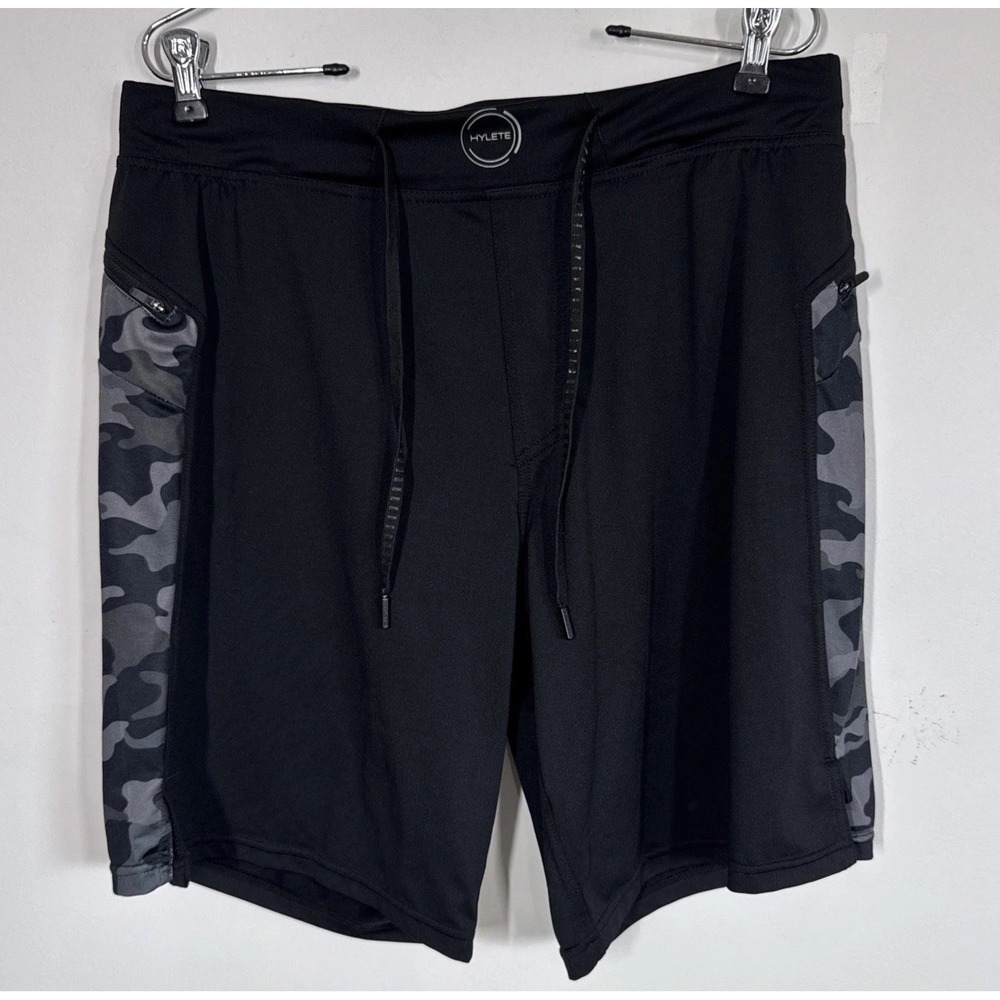 Hylete Above Knee Pull On Gym Shorts Men's M Black Camo Fitness Training Lounge
